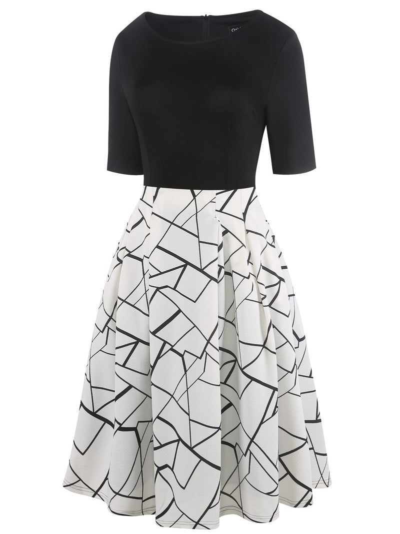 oxiuly Women's Vintage Dresses Patchwork Pockets Puffy Swing Casual Party Dress OX165 (BK-White Stripe, l) - Image 4